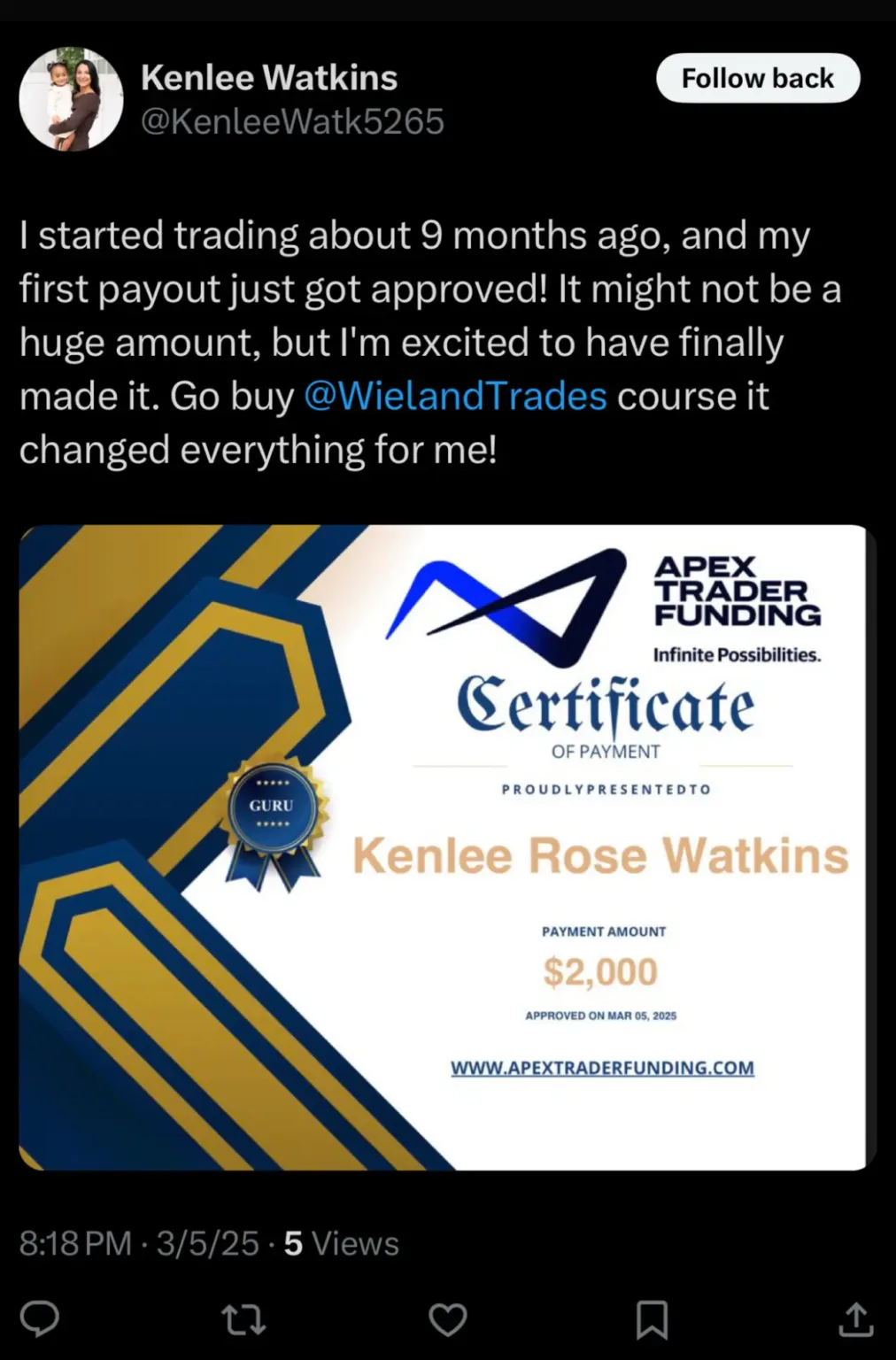 Apex trader funding funded certificate + tweet